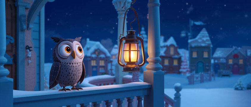 Cute cartoon owl with a lantern near the house in winter
