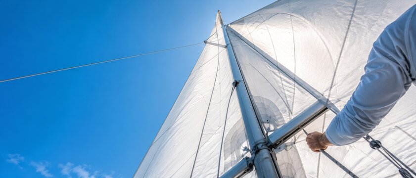 Sailing yacht mast and sails against clear blue sky, sailorcore concept background