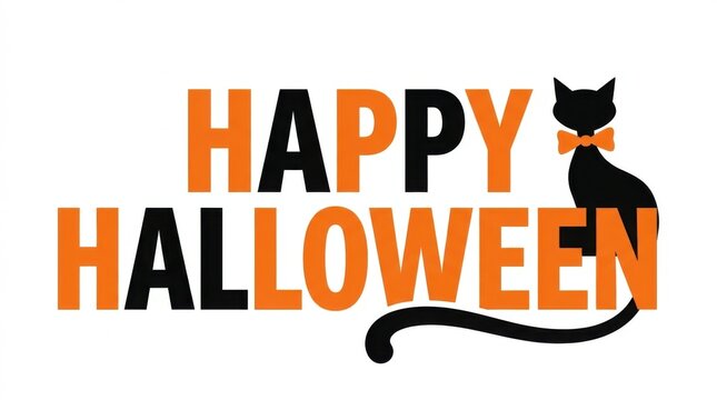 Halloween greeting card with cheerful black cat and bold orange typography design