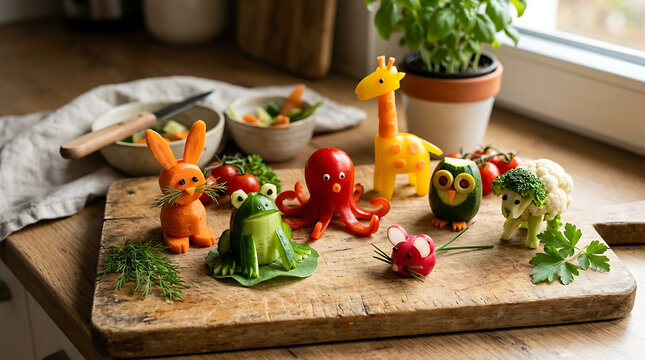 Creative vegetable carvings of animals and insects on a wooden board.