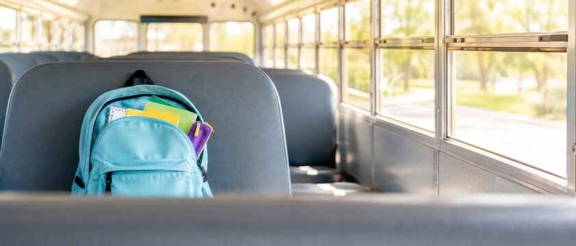 Back to school concept with backpack on empty school bus seats