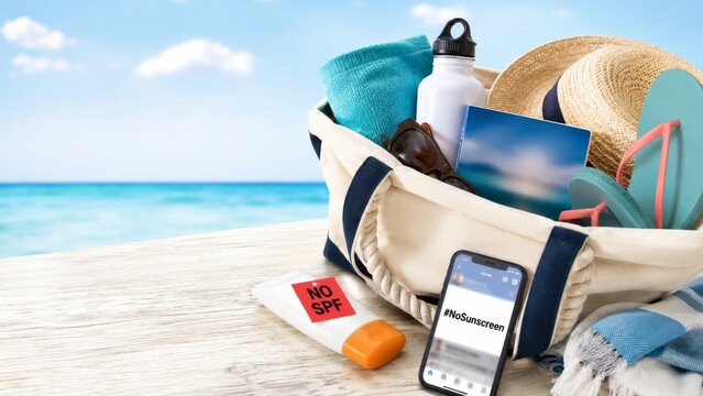 Beach essentials bag with no sunscreen on wooden table by the sea, summer travel