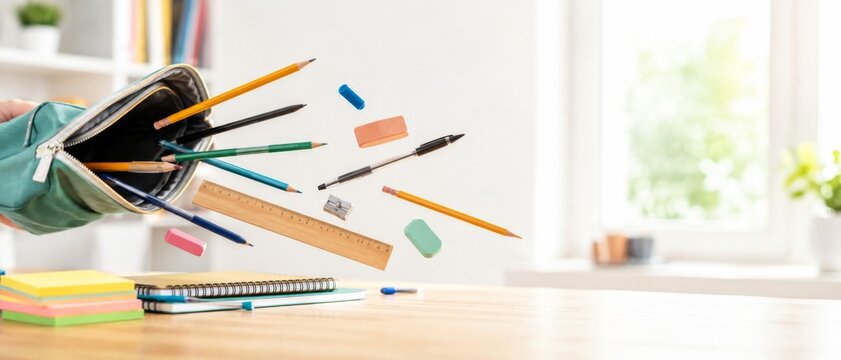 School supplies scattered on table with copy space, background, back to school