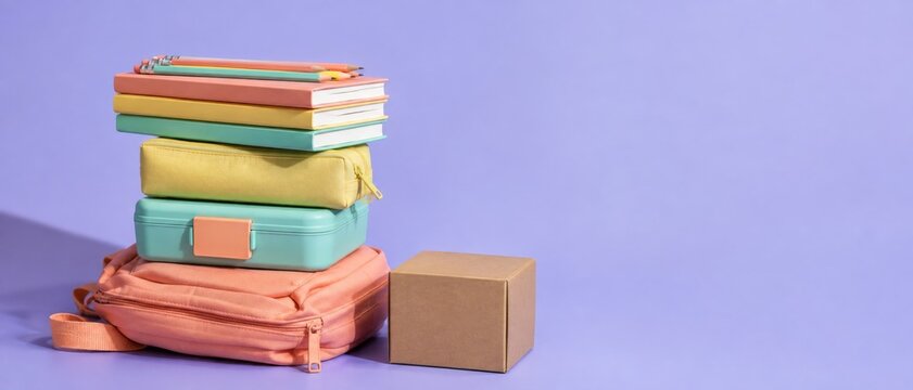 Back to school donation concept with supplies on purple background