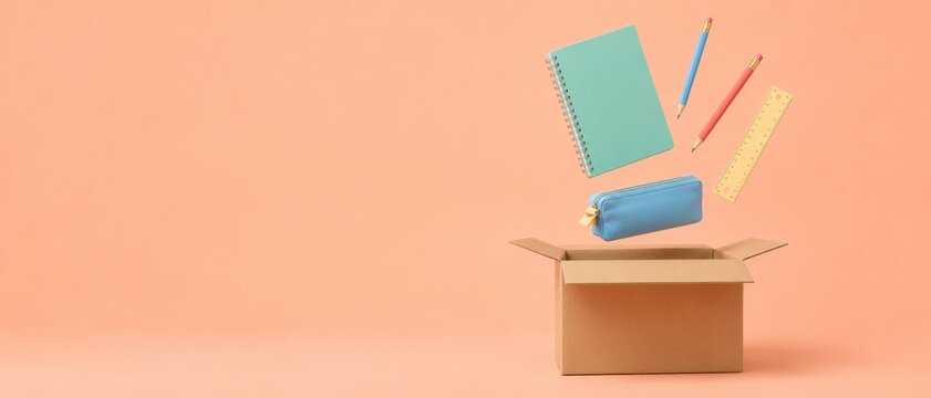 Back to school donation concept with supplies floating above open box, background