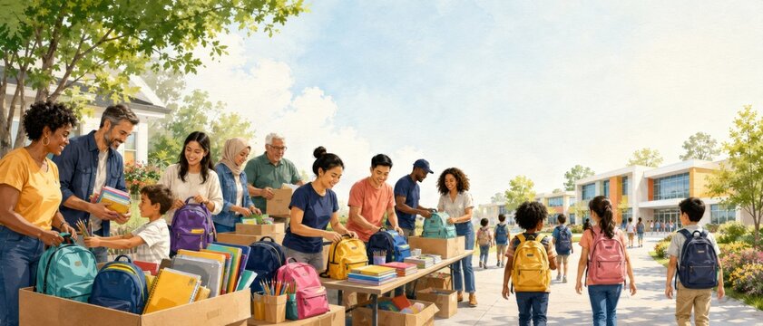 Back to school donation event with diverse volunteers organizing supplies