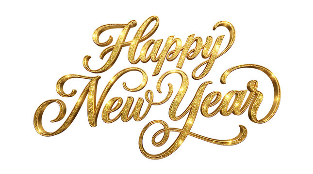 Happy New Year gold glitter calligraphy text isolated on transparent background for holiday greeting card design