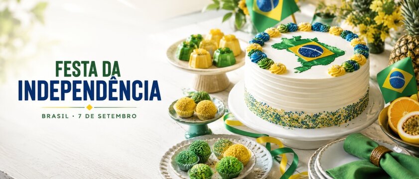 Brazil Independence Day celebration with cake and traditional decorations