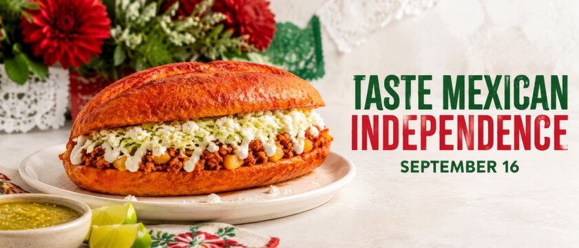 Mexican independence day celebration with torta sandwich and vibrant decorations
