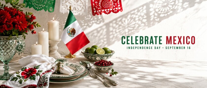 Mexico Independence Day celebration table setting with flag, candles, and festive decor