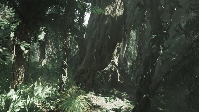 Dense mosscovered temperate forest with hanging moss, shaded trail weaving through ferns and trunks, misty mood, secluded atmosphere, ancient trees draped