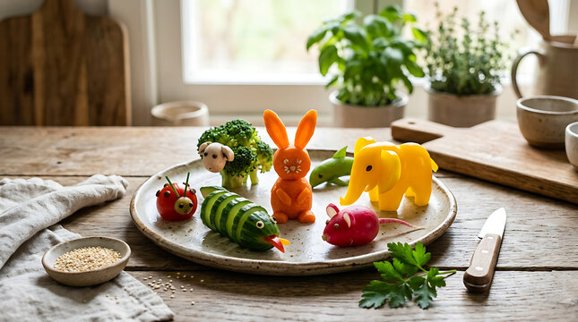 Creative Vegetable Animals and Shapes on a Rustic Table.