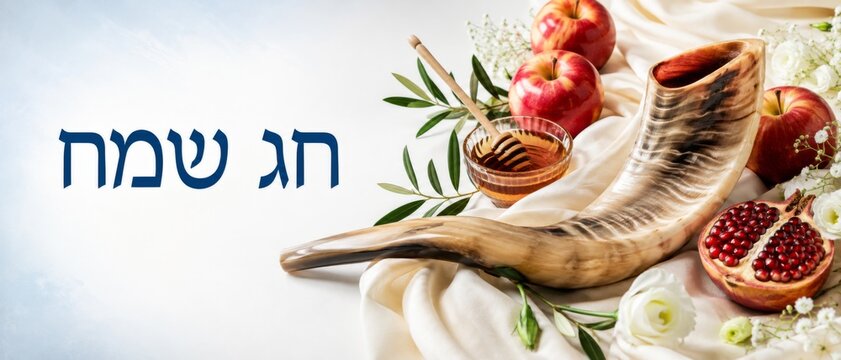 Rosh Hashanah celebration items on white background with shofar, apples, honey, and pomegranate