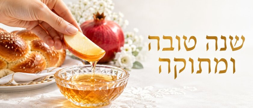 Rosh Hashanah celebration with apple dip in honey and challah bread, holiday theme