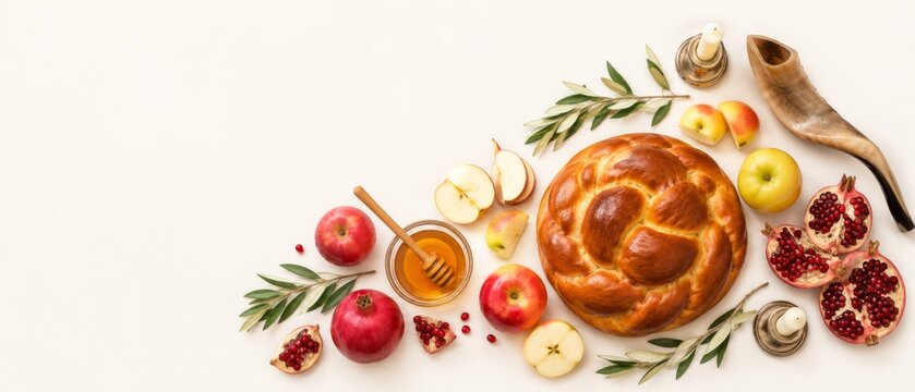 Rosh Hashanah celebration background with apples, honey, pomegranate, and challah