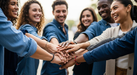 Fototapeta premium Diverse Group of Happy Professionals Joining Hands in a Teamwork Circle to Symbolize Unity and Collaboration