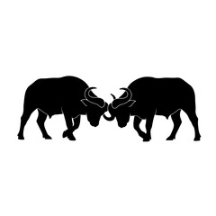 Fototapeta premium Black silhouette illustration of two strong African buffaloes clashing and locking horns in battle, isolated on a clean white background.