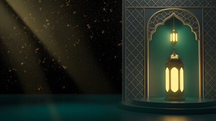 Ornate golden lanterns glowing with warm ambient light inside a majestic dark green arched architectural frame featuring intricate geometric patterns set against a deep night background decorated © Sid