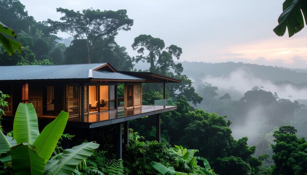 Luxury eco resort cabin overlooking misty tropical rainforest