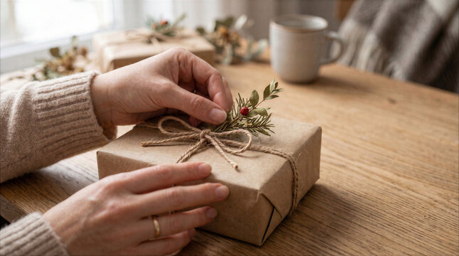 Hands decorating kraft gift with greenery and string