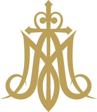 Golden Virgin Mary monogram with cross, a traditional Marian symbol of Catholic faith.