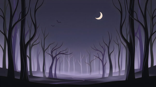 A hauntingly beautiful illustration depicting a spooky forest scene under the glow of a crescent moon perfect for