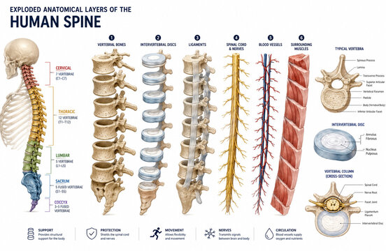 Exploded Anatomical Layers of the Human Spine Showing Vertebrae, Discs, Ligaments, Nerves and Muscles