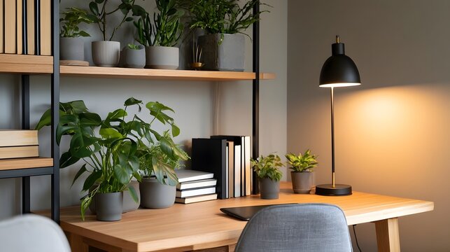 Modern home office desk setup featuring wooden surfaces  potted plants  and a black task lamp under warm lighting