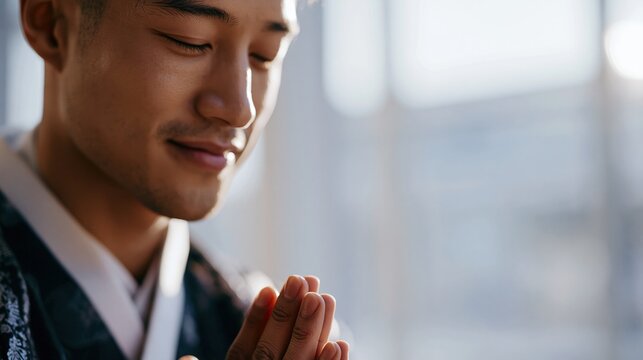 Korean man in hanbok bows with folded hands during a New Year greeting in a bright minimalist interior.