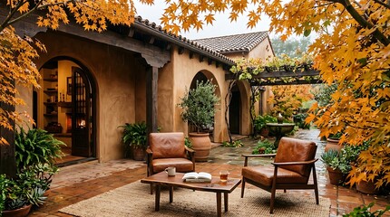 Obraz premium Autumn garden patio with wooden furniture and lanterns.