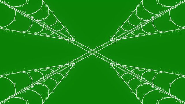Spooky white cobweb burst animation with glowing spider silk lines, elegant white spider web rapidly expanding and contracting with elastic silk thread motion on a green background,4k video