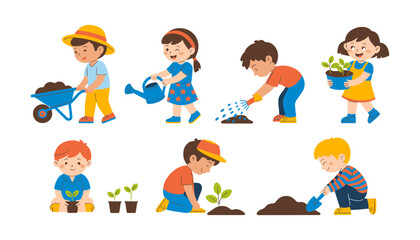 Fototapeta premium Kids Gardening Vector Character Set with Cute Children Planting Seedlings, Watering Flowers, Digging Soil, and Using Wheelbarrows for Eco Education and Spring Designs