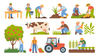 Fototapeta premium Agriculture and Farming Vector Bundle with Farmers Planting, Harvesting Crops, Driving a Red Tractor, Picking Apples, and Tending Cows for Organic Eco Farm Designs