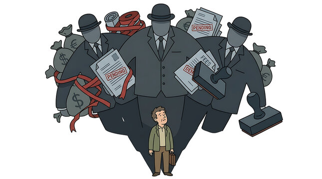 Small person overwhelmed by large shadowy figures representing power and bureaucracy.