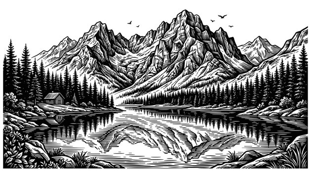 Vintage hand drawn line art illustration of dramatic mountain range reflected in calm lake with pine forest