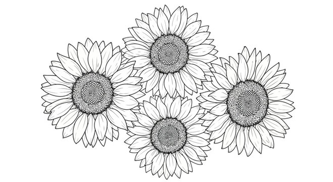 Four sunflowers in black with white line drawing white background illustration graphic elegant botany floral design nature simple plant with art