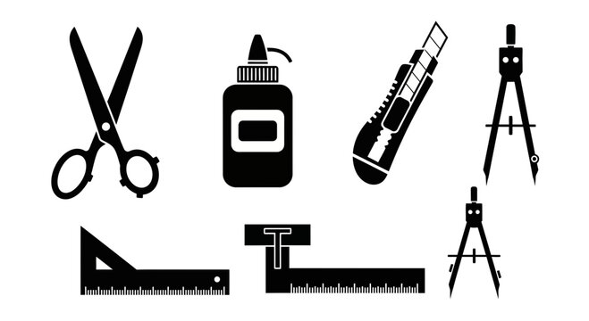 Drafting tools and stationery on white background with icons various drafting drafting compass office supplies utility knife drawing tools