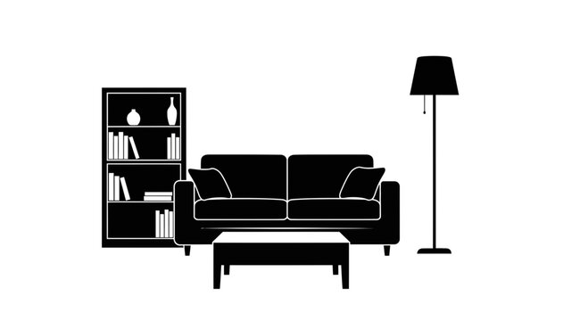 Modern living room interior with sofa bookshelf and lamp in black silhouette with silhouette white background minimalist furniture couch decor