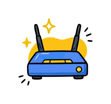 Blue wifi router with antennas sending signals and sparkles on yellow background
