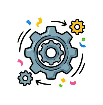 Gears working together with arrows and confetti showing process and teamwork in motion