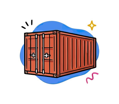Red shipping container on blue abstract background with fun doodles for cargo transport