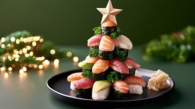 Sushi pieces featuring various fish and avocado artfully arranged in a christmas tree shape, adorned with a star and parsley, symbolizing a creative festive dinner celebration with twinkling lights