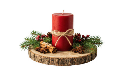 Fototapeta premium Christmas candle decoration with pine branches, cinnamon sticks, star anise and berries isolated on transparent background