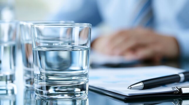 Close-up of glasses of water and a pen on a business meeting table.