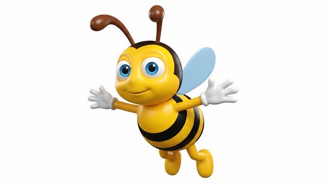 Cheerful 3D honey bee character, friendly cartoon bumblebee flying with open arms, cute insect mascot on white background