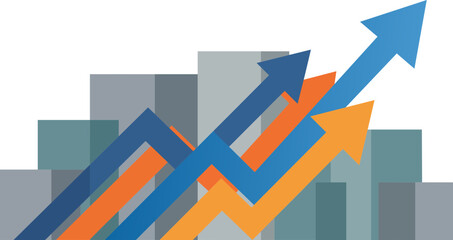 Fototapeta premium Abstract Corporate Vector Graphic of Upward Moving Financial Growth Arrows and Bar Chart Concept