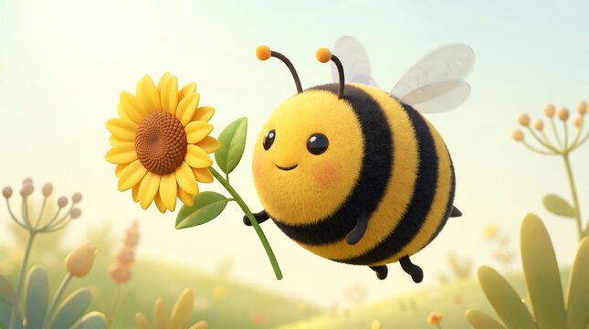 Adorable fuzzy bumblebee holding a yellow sunflower, cute cartoon bee character in a sunny meadow, whimsical insect illustration