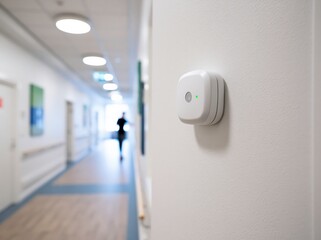 Naklejka premium Elderly fall detection motion sensor mounted on a wall in a bright hallway with no people present