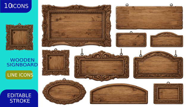 Set of 10 ornate, distressed wooden signboards and decorative frames, featuring intricate carvings and rustic textures, ideal for vintage design projects.