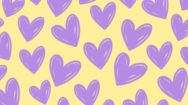 Cute doodle hearts seamless pattern on pastel yellow background vector - Playful hand drawn purple heart shapes romantic repeating wallpaper background